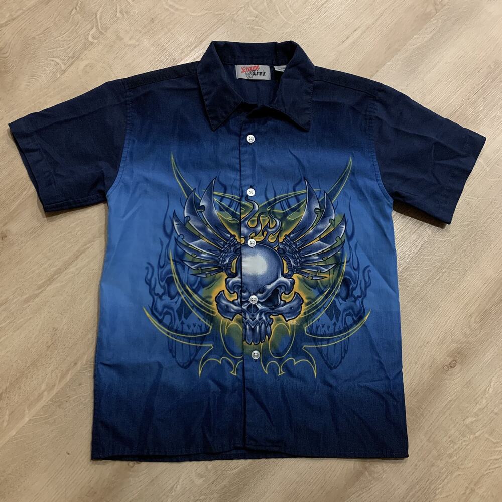 Vintage Y2K Xtreme Limit Blue Skulls Youth Boys 6/7 Tribal Goth Button Up Shirt